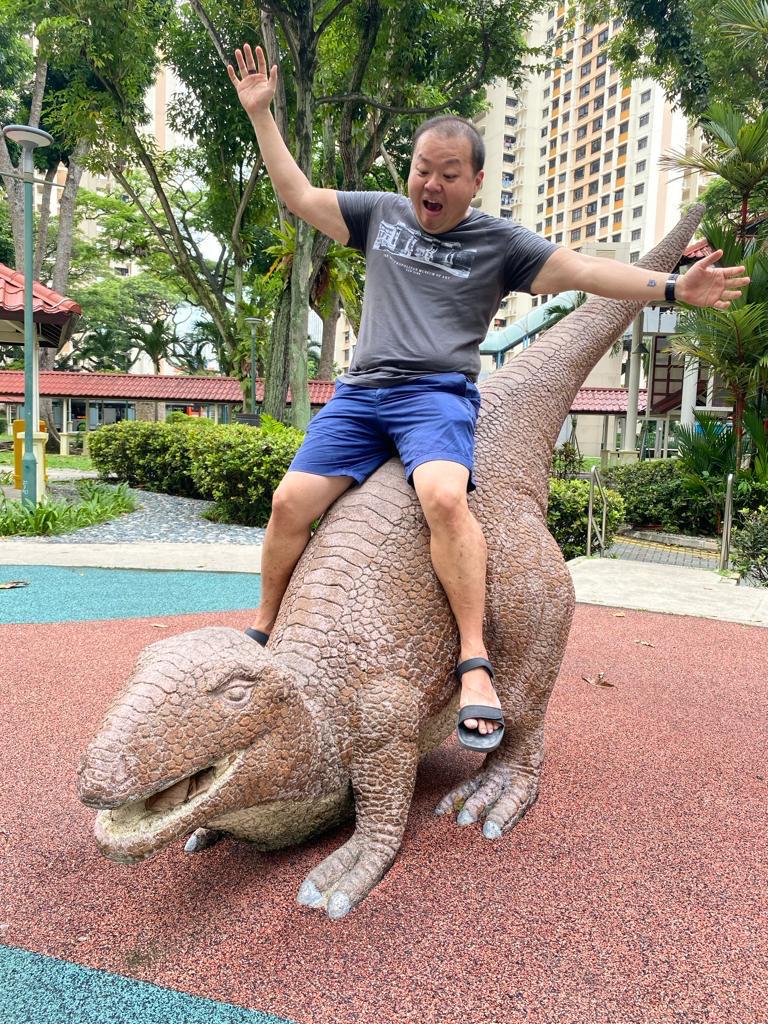 Playing with dinosaurs.